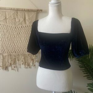 Abercrombie & Fitch Navy Stretch Velvet Puff Sleeve Top
